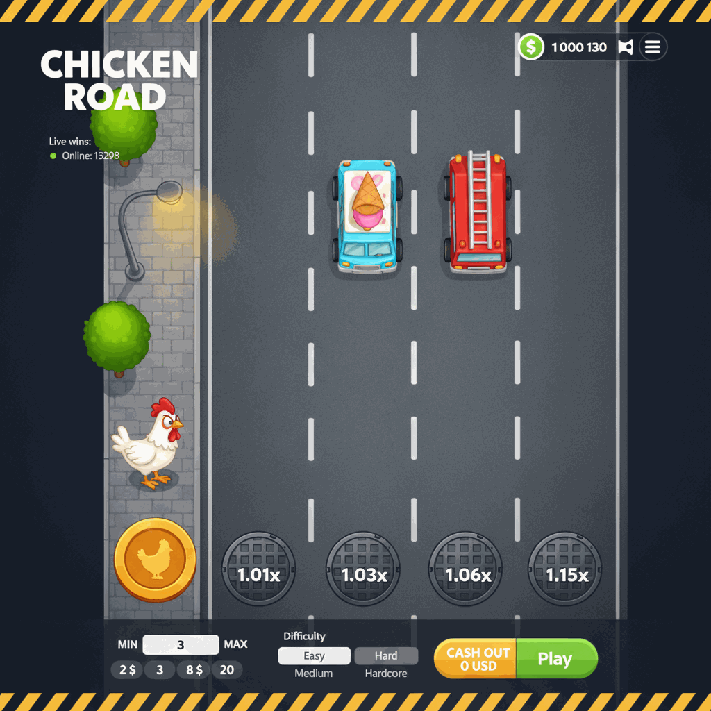 Chicken Road Crash-Spiel von InOut zeigt ein weißes Cartoon-Huhn, das eine mehrspurige Straße von oben betrachtet überquert, mit Multiplikatoren auf Kanaldeckeln und Autos als Hindernisse, dunkler Spielhintergrund mit Stadtkulisse